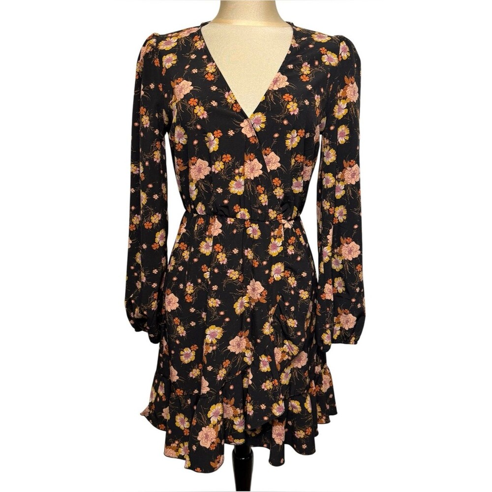 Abound Floral Faux Wrap Ruffle Dress Long Sleeve Boho Black S